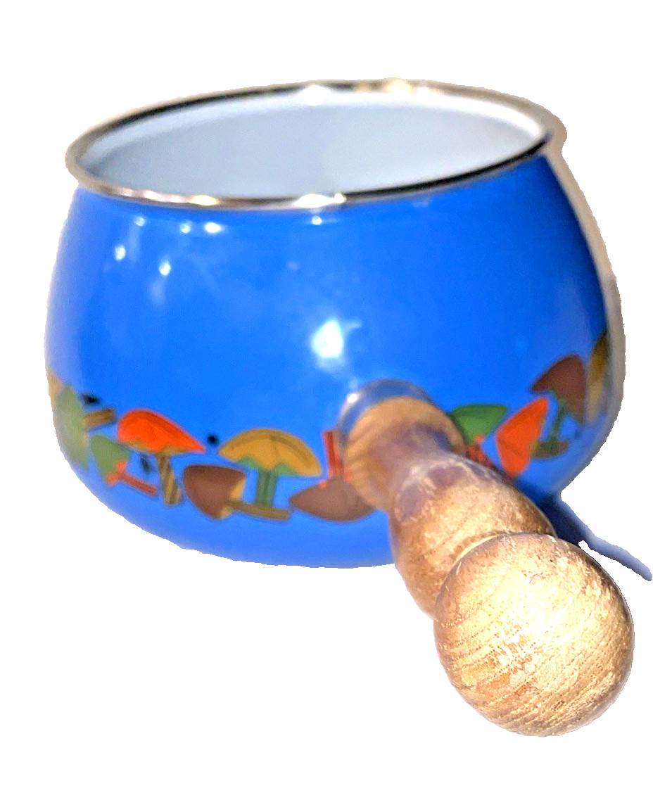 Mid Century Porcelain Enamel Fondue Set Mushrooms Blue and Green SEE Description