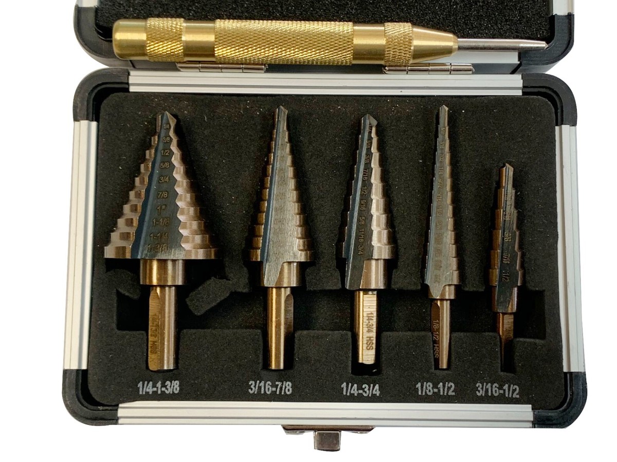 Tacklife 5-Piece Titanium Coated Step Drill Bit Set With Center Punch - PDH06A (Gold)