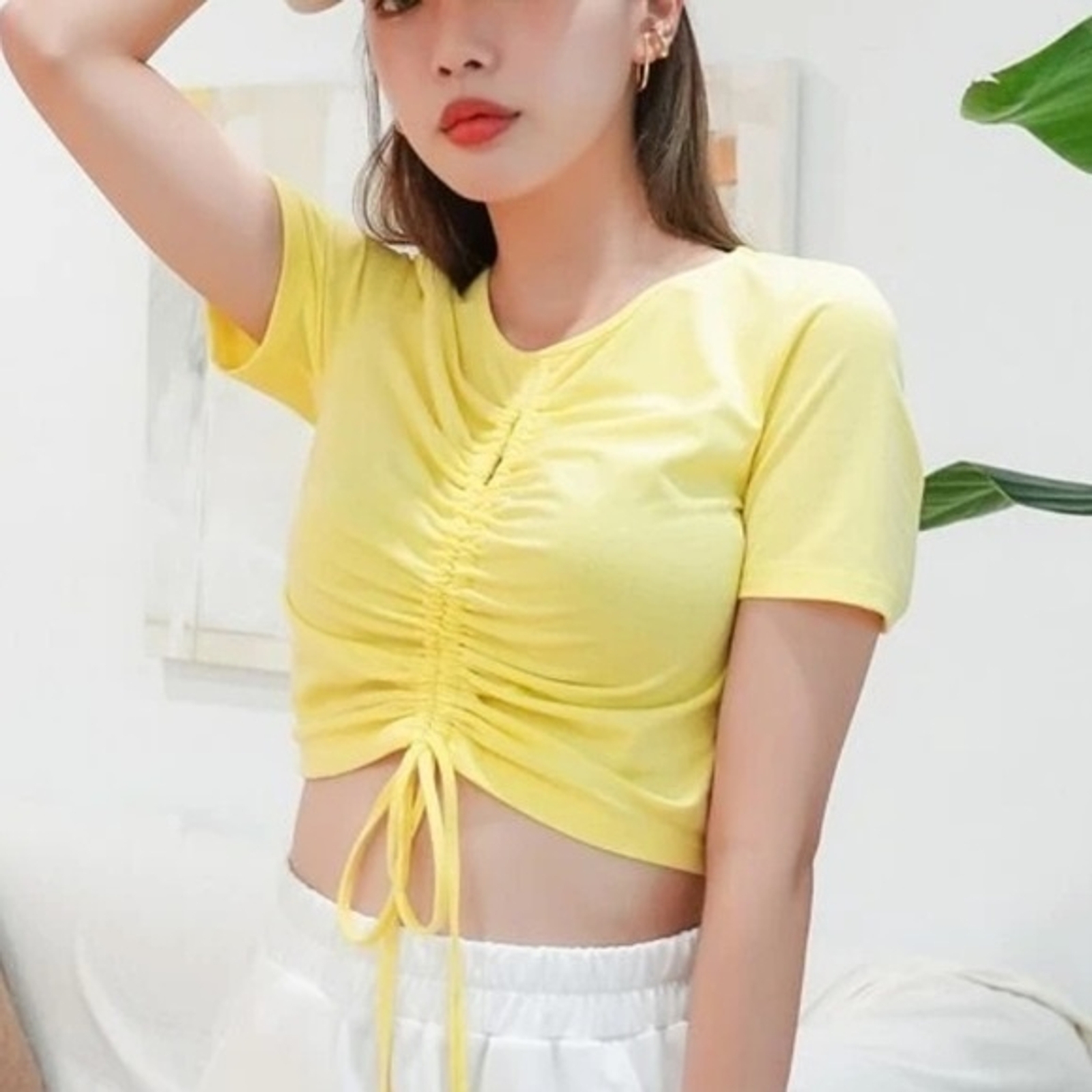 Bright Lemon Yellow Solid Drawstring Ruched Tee - image 1