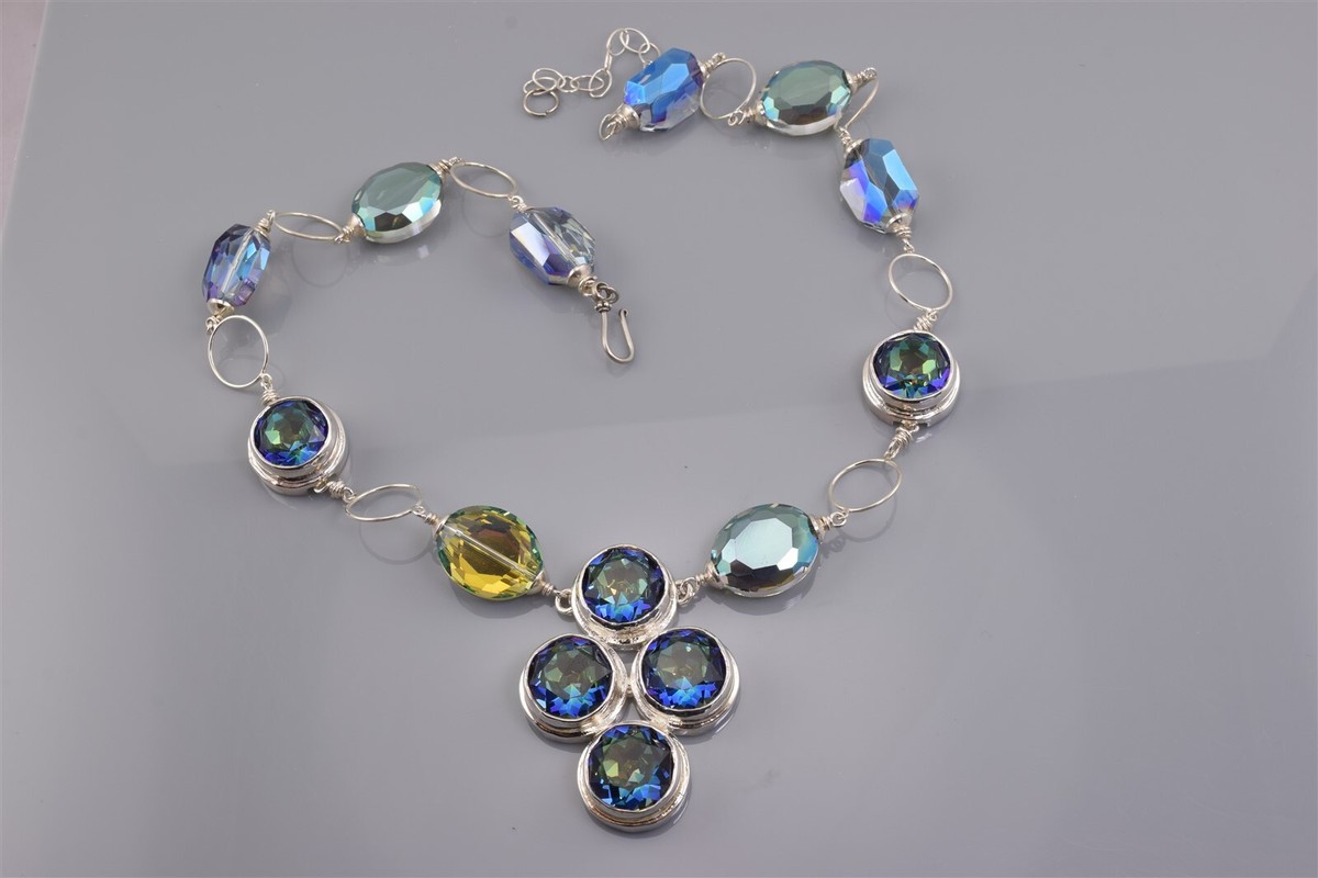 正規品・関税込み◆HEI◆silver crystal ribbon necklace Oval-Cut Aquamarine & White Lab-Created Sapphire Ribbon
