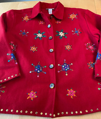 KEREN HART COAT WOMENS SZ XL FELTED WOOL EMBELLISHED EMBROIDERED SNOWFLAKE 