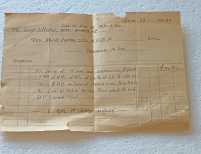1954 Receipt for Land Surveys Town of Menomonee near Milwaukee Wisconsin