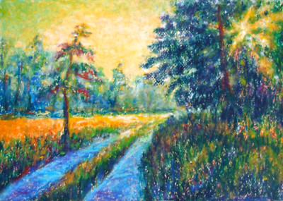 Sonnenuntergang Landschaft Original Öl Pastell Gemälde Wandbild Papierformat A4
