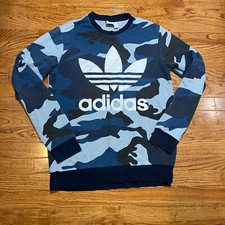 Adidas Sweatshirt Kids XL Blue Camo Pullover Outdoor Crewneck Boys Spell Out Top