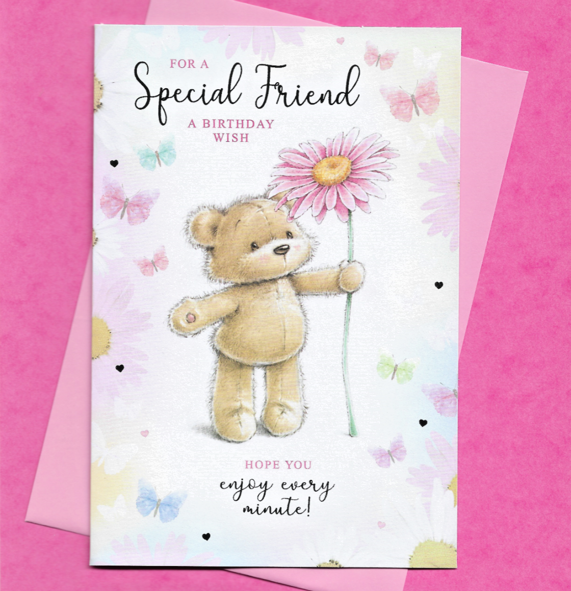 Special Friend Birthday Card Cute Bear Flower Daisy Butterflies 19x13cm