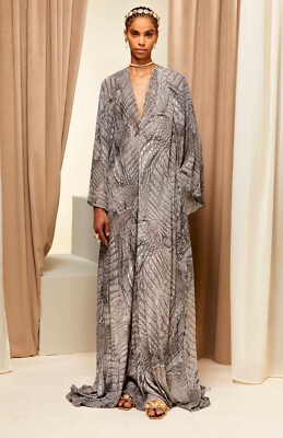 *ROBERTO CAVALLI* Snakeskin Print Maxi Kaftan Dress w/ Tiger-Tooth Pendant IT 40