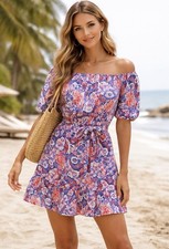 LOFT Floral Smocked Waist Dress L Puff Sleeve Tie Belt Boho Mini Cottagecore NWT
