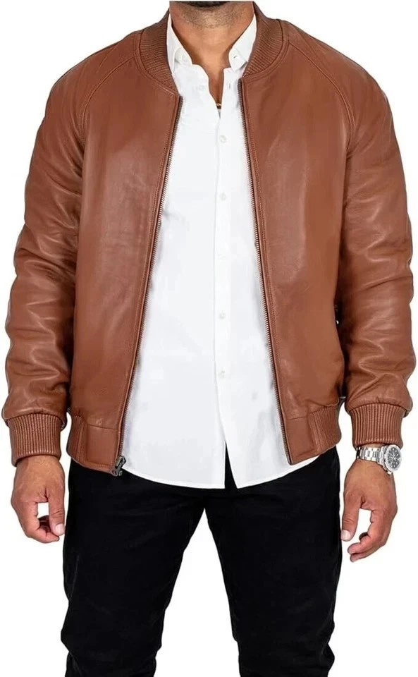 Blouson bombardier en cuir pour hommes élégant en peau d'agneau fait main... - Photo 2/4