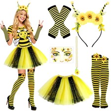 Women Bee Costume with Tutu Striped Socks Headband Black Yellow Bee Costume