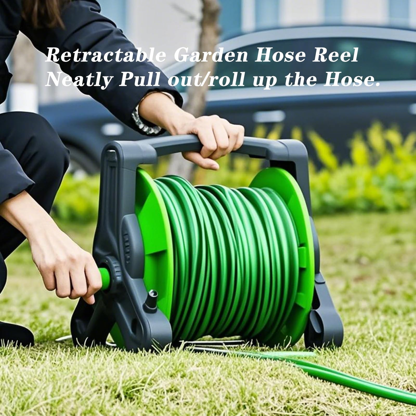 Garden Hose Reel 3/8'' x 50 ft, Portable Retractable Water Hose Reel with Hos