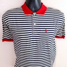 Vintage Ralph Lauren Polo Shirt Mens L Navy Stripe Red Pony NWT Deadstock