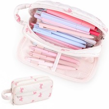 Quilted Pencil Case Pouch for Girls, Cute Aesthetic Pen Bag, Pink