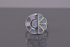 Sterling Silver Mosaic Blue Mother of Pearl Flower Band Ring 925 Sz: 9