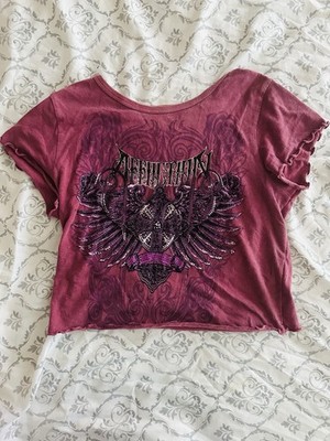 Affliction Burgundy Maternity S Cropped Scoop Neck Graphic Biker Rhinestone Tee