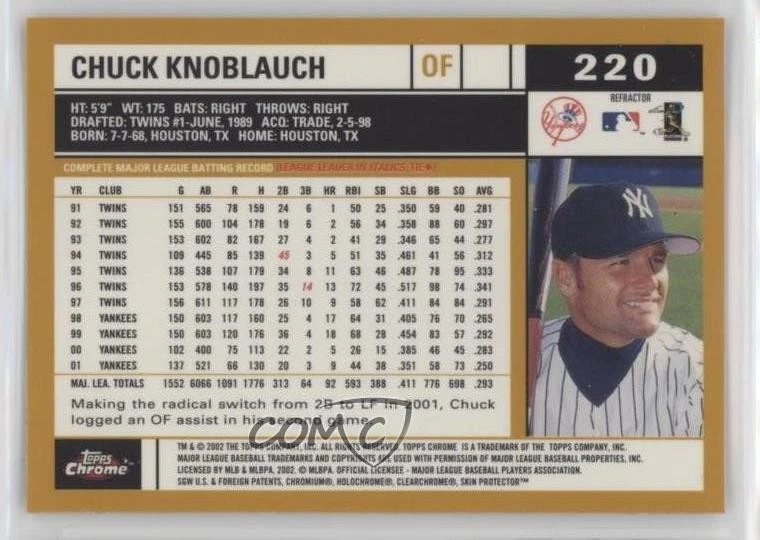 2002 Topps Chrome Gold Refractor Chuck Knoblauch #220 - Image 2 of 2