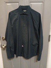 Kenneth Cole Reaction Wrinkle Free Dress Shirt L 16 32-33 black w/ blue Stripe