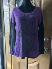 Girls Junior Purple/Black Halloween T  spider/Web Long Sleeve Sz XL 15/17 READ