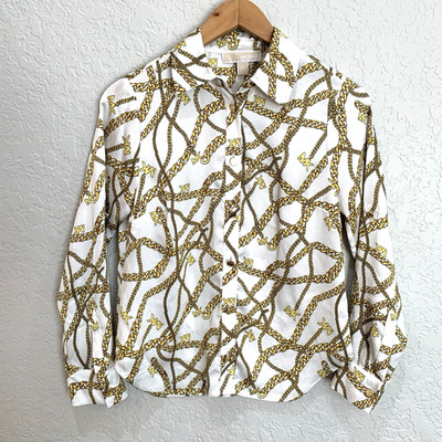 Michael Kors Sz P/S Gold Chain Cream Top Blouse Gold Buttons Satin feel NWOT