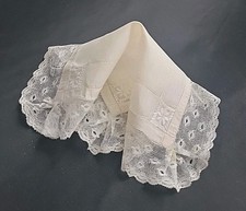 Antique 1890's Ivory Wedding Net Lace Hankie With Chunky White Embroidery