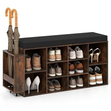 Shoe Storage Bench w/Umbrella Stand,Padded Seat, Adjustable & Removable Shelves
