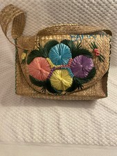 Vintage 1960s Woven Straw Floral Purse Bag Raffia Flowers