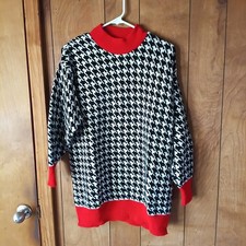 Vintage 80s Garan by Marita Houndstooth Sweater Red Trim Oversized USA Made M