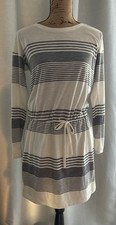 Gap Striped T-Shirt Short Dress S Long Sleeve Round Neck Drawstring White Gray