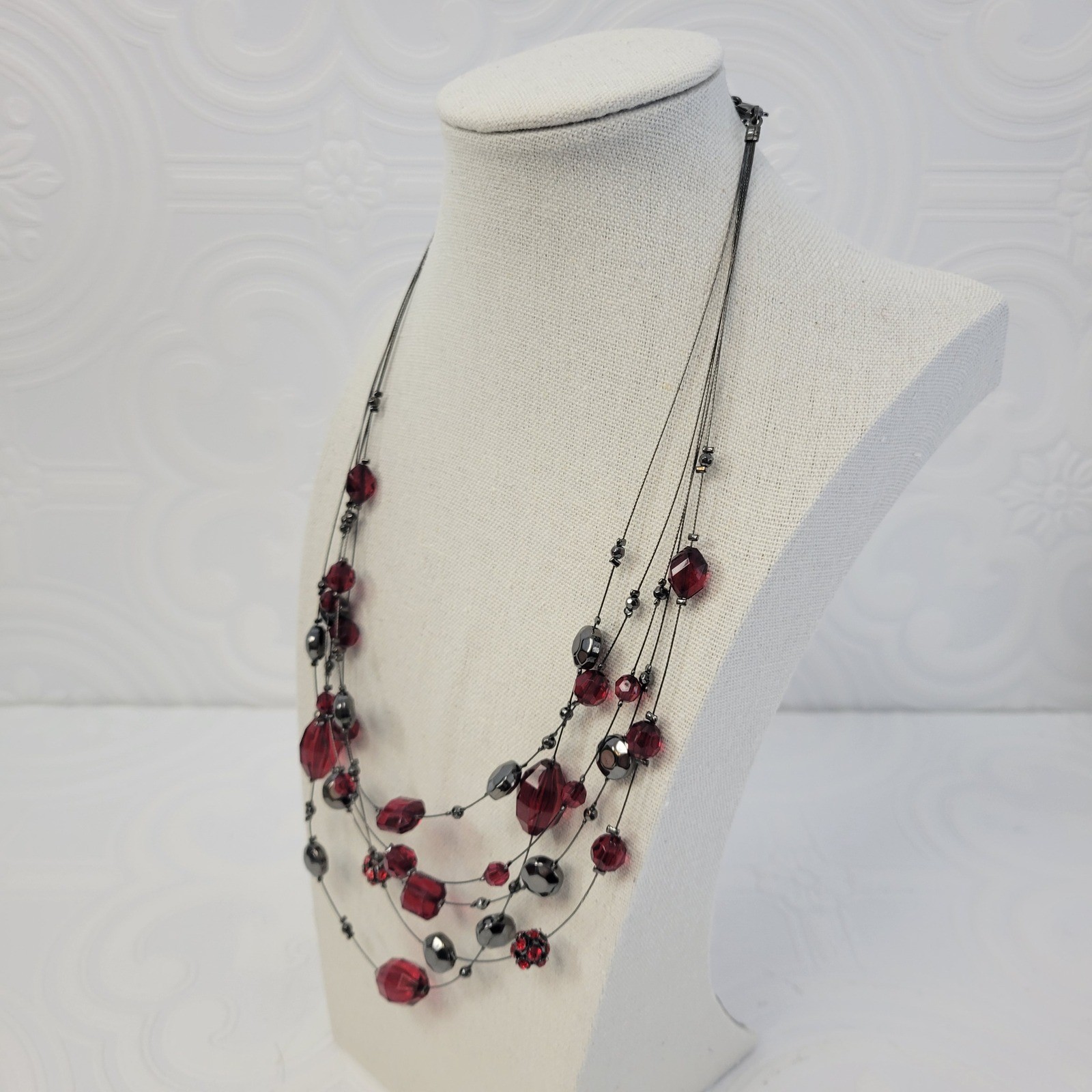 Ruby Red Gunmetal Multi Strand Illusion Necklace … - image 2