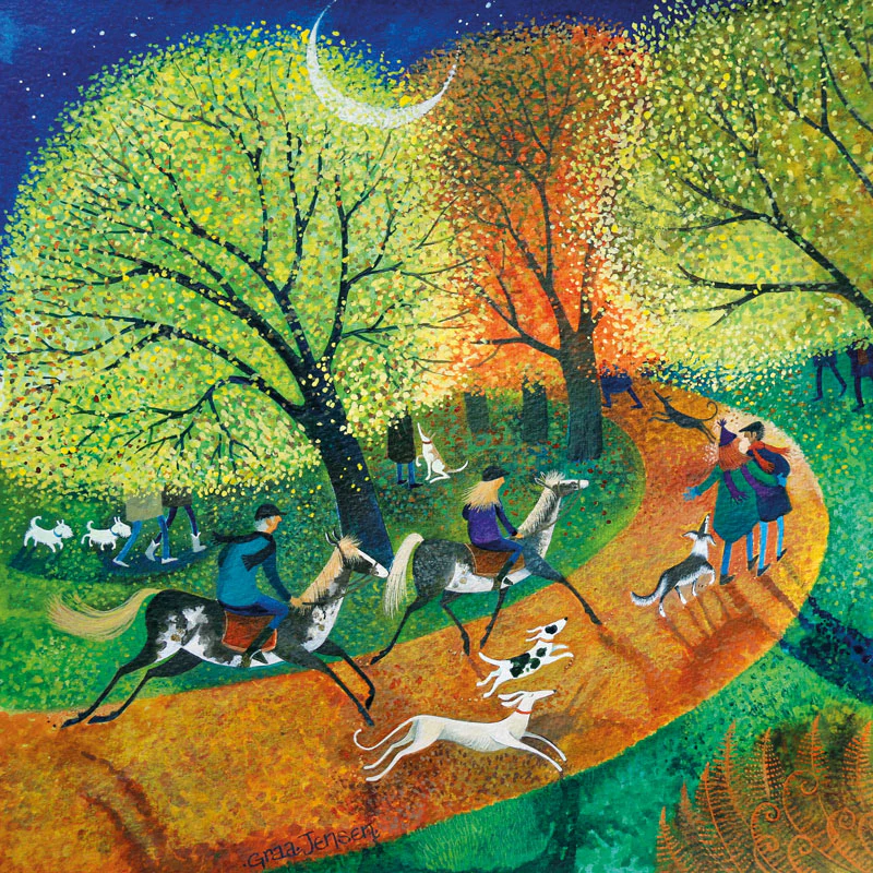 Evening Ride Fine Art Blank Greeting / Birthday Card - Horse Riding Dogs  Horses