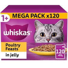 120 x 85g Whiskas 1+ Poultry Feasts Mixed Adult Wet Cat Food Pouches in Jelly 4.66 per kilo