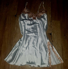 Ivory Satin  Tan Lace Trim Chemise Slip V-Neck Sleeveless Adjustable Straps S