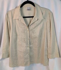 Betu Shirt Womens 14 Silk Linen Beige  Button Up Structured Career Beaded Beach