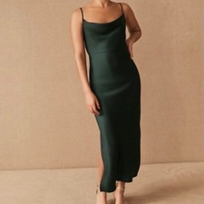 BHLDN Cali Satin Cowl-Neck Midi Slip Dress Forest Green XL Formal Wedding Guest