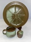 Lot 3 Pc MCM Frankoma Pottery 9” Lunch Plate Wagon Wheel, Mug, Jug Salt Shaker
