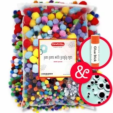 Incraftables Pom Poms with Googly Eyes & Glue Stick (2000 pcs Craft Pompoms)