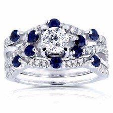 2Ct White  Blue Sapphire Round CZ Engagement Ring Set 925 Sterling Silver