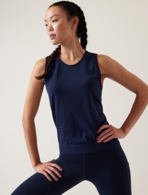 NWT Athleta In Motion Tank L Large Dress Blue Seamless Breathable Crew
