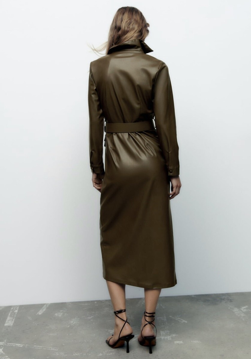 ZARA WOMAN'S FAUX LEATHER Olive Green SHIRT DRESS WITH BELT SIZE XS : NWT |  eBay