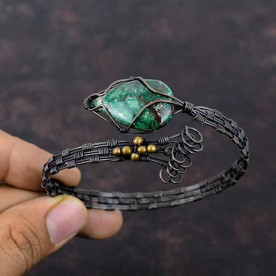 Подарок для нее медный куприт хризоколла ювелирные изделия с проволочной оберткой регулируемая манжета - Изображение 2 из 4