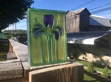 VTG Textured Art Glass BRICK Rectangle Green Purple Floral Flower Vase 7" x 5"