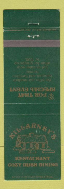 Matchbook Cover - Killarney's Restaurant Irish Bangor Waterville ME