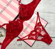 Victoria  s Secret Wicked Unlined Bow Embroidery Bra Thong 2 pcs Set Red
