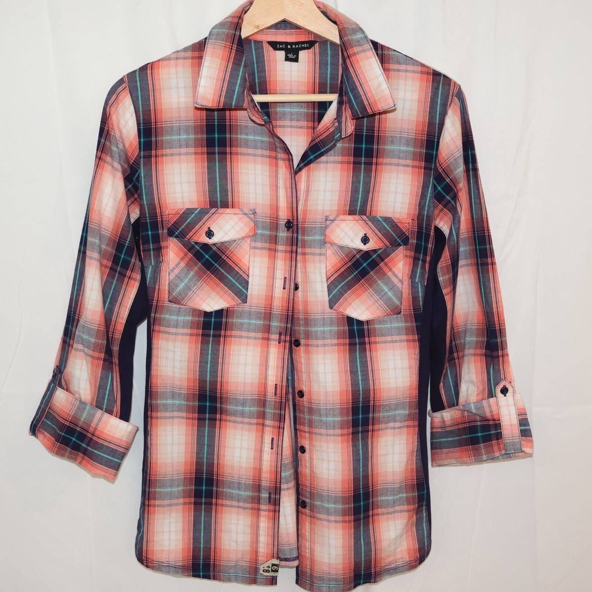 【Lee fi Ne】Offset Sheer Check Shirt Zac & Rachel Sz L Button Up Blue Red White Check Shirt Roll tab