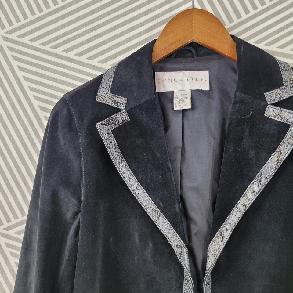 Vintage Doncaster Size 8 Suede Leather Jacket Coat Blazer top black Snake Trim - Image 2 of 4