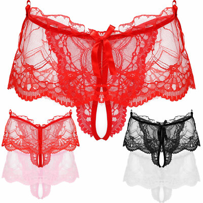Mens Sissy Crotchless Panties Lace Ruffle Skirted Bikini Briefs Underwear Thong