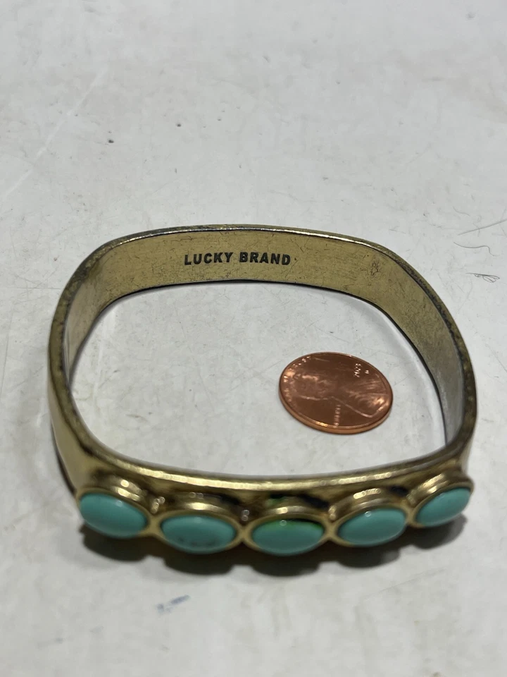 Pulsera Brazalete Piedra Turquesa Latón Vintage Marca Lucky XS Muñeca 2.25" I.D. Foto 2 de 2