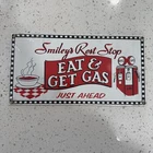NEW Smiley's Rest Stop Porcelain Sign Andy Rooney Eat + Get Gas Vintage 6”x 12"
