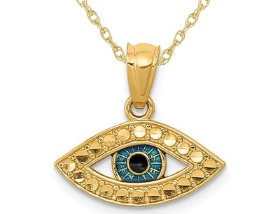 14K Yellow Gold Blue Enamel Eye Charm Pendant Necklace with Chain