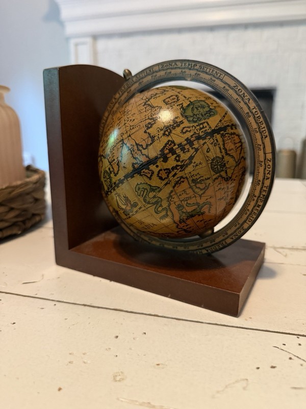 Vintage Mid Century Italian World Globe Spinning Wood Bookend; 6x6x3.75”