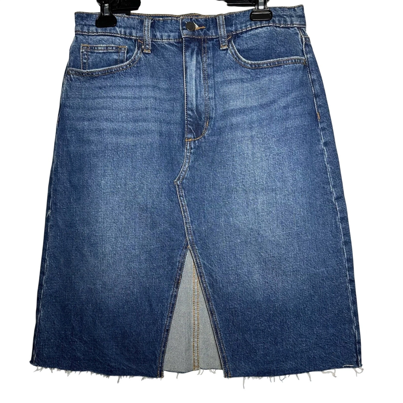 JOES JEANS High Rise Midi Skirt Blue Denim Raw Hem Size 30